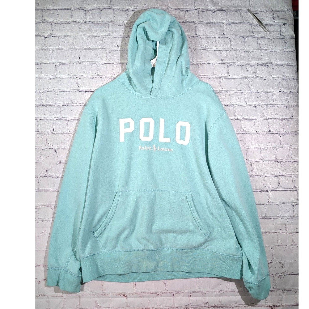 Polo Ralph Lauren Hoodie Pullover Mens L Cotton Aqua Blue Light Stain Sweatshirt